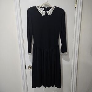 Vintage Black Midi Dress with Lace Collar